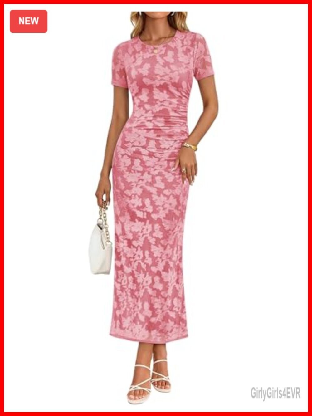 Floral Bodycon Midi Dress Short Sleeve Ruched Mesh Wedding Guest Cocktail Party